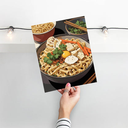 Printable wall art of a colorful bowl of noodles topped with tofu, egg yolk, vegetables, lotus root, and fresh herbs, styled with chopsticks and side dishes, perfect for kitchen or dining room decor with a foodie vibe.