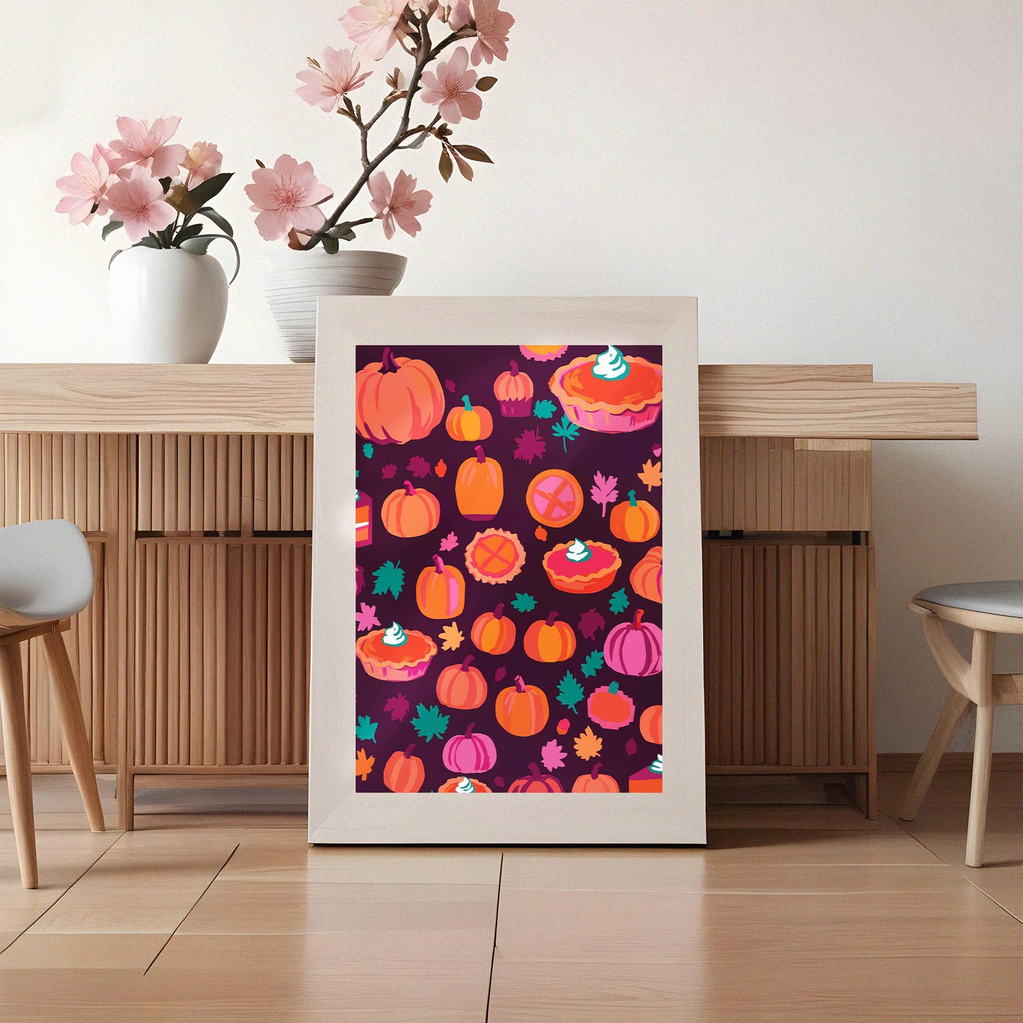 Painterly autumn harvest pattern featuring chunky illustrated pumpkins in varied sizes and pinks, whole crimped pumpkin pies, a cupcake, and scattered maple leaves on a deep dark berry background