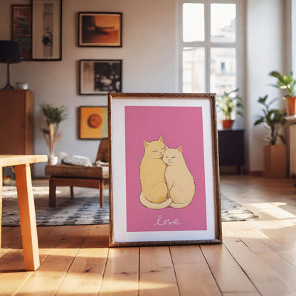 Printable wall art of two cute cats cuddling on a pink background with the word ‘love,’ perfect for cat lovers and romantic home decor