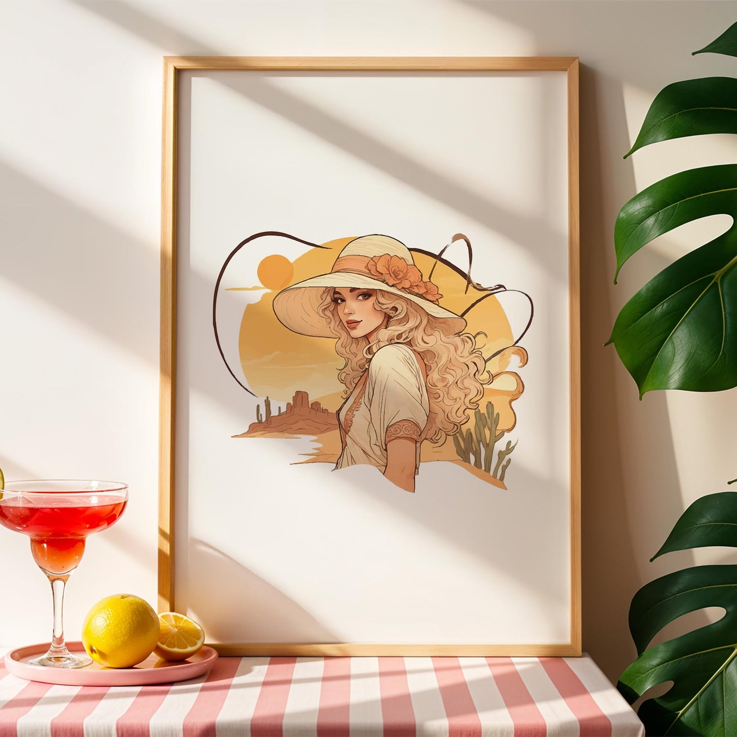 Boho-style digital wall art of a woman with flowing blonde hair wearing a wide-brimmed hat adorned with a flower, set against a warm desert sunset with cacti and mesas