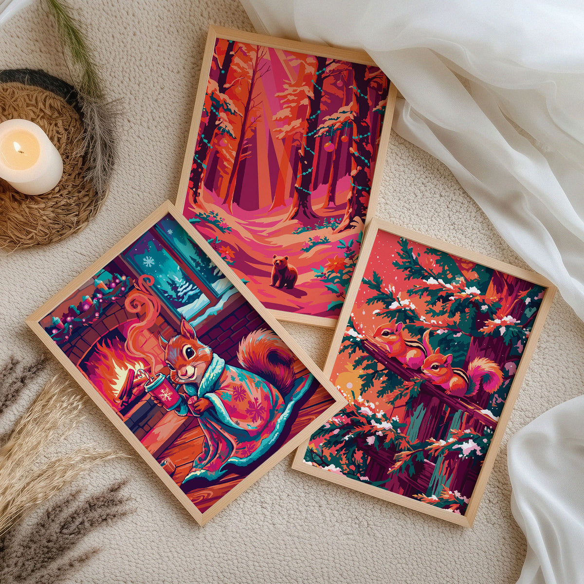 Christmas wildlife art bundle — three white-framed dopamine-style prints on a natural oak ledge featuring a blanket-wrapped squirrel with hot cocoa, a dramatic red forest with a tiny bear, and two chipmunks nose-to-nose among snow-dusted teal pines