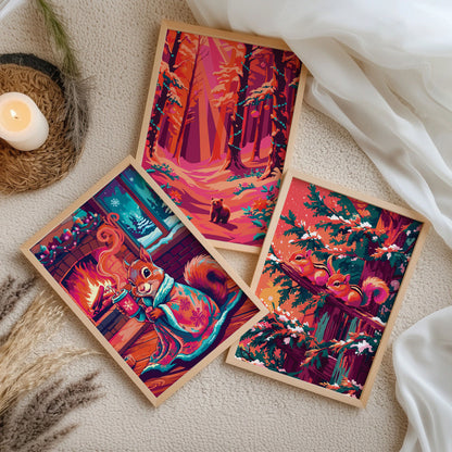 Christmas wildlife art bundle — three white-framed dopamine-style prints on a natural oak ledge featuring a blanket-wrapped squirrel with hot cocoa, a dramatic red forest with a tiny bear, and two chipmunks nose-to-nose among snow-dusted teal pines