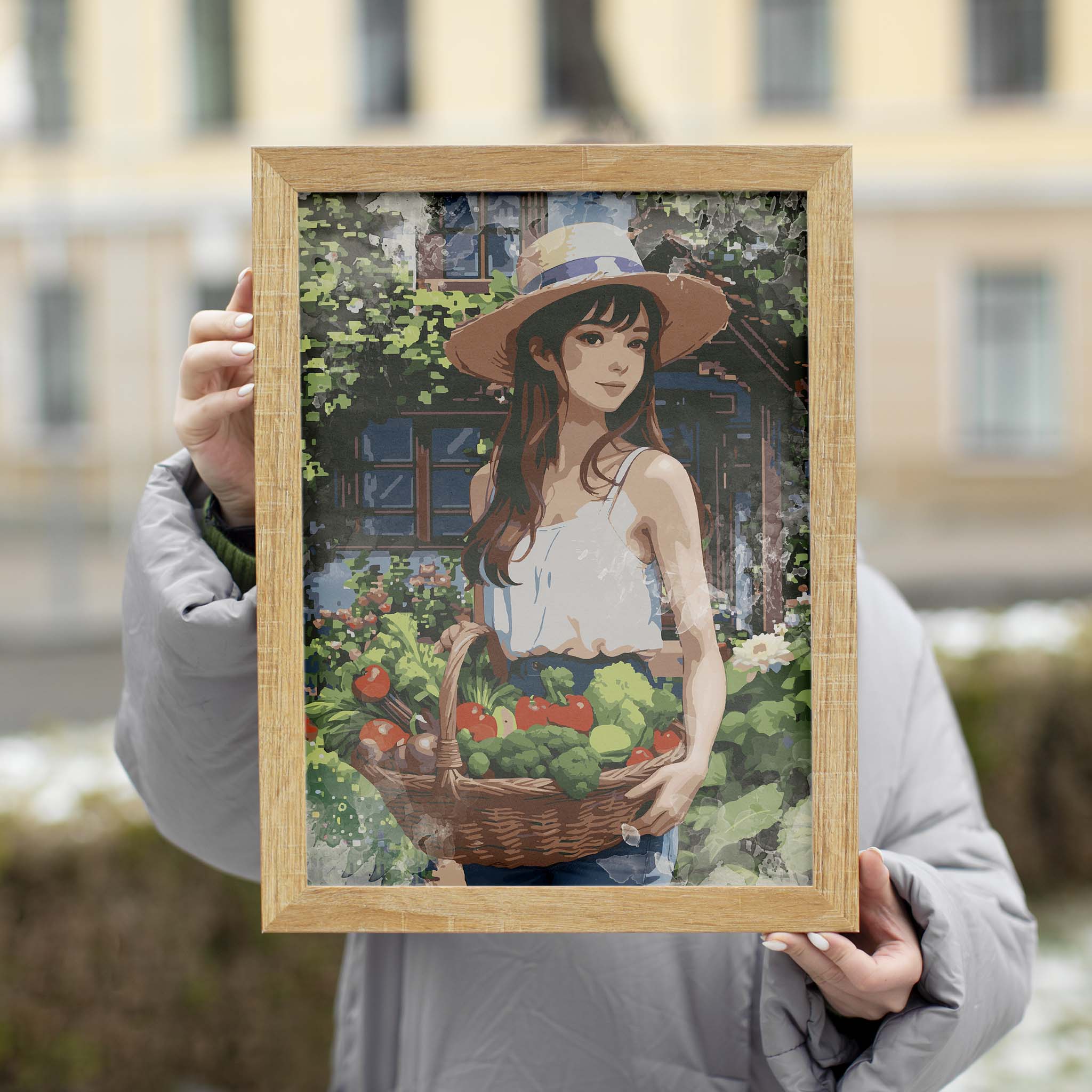 Charming digital artwork of a young woman holding a basket of fresh vegetables in a garden, wearing a straw hat and summer outfit - rustic farmhouse-style printable wall art for kitchen or home decor