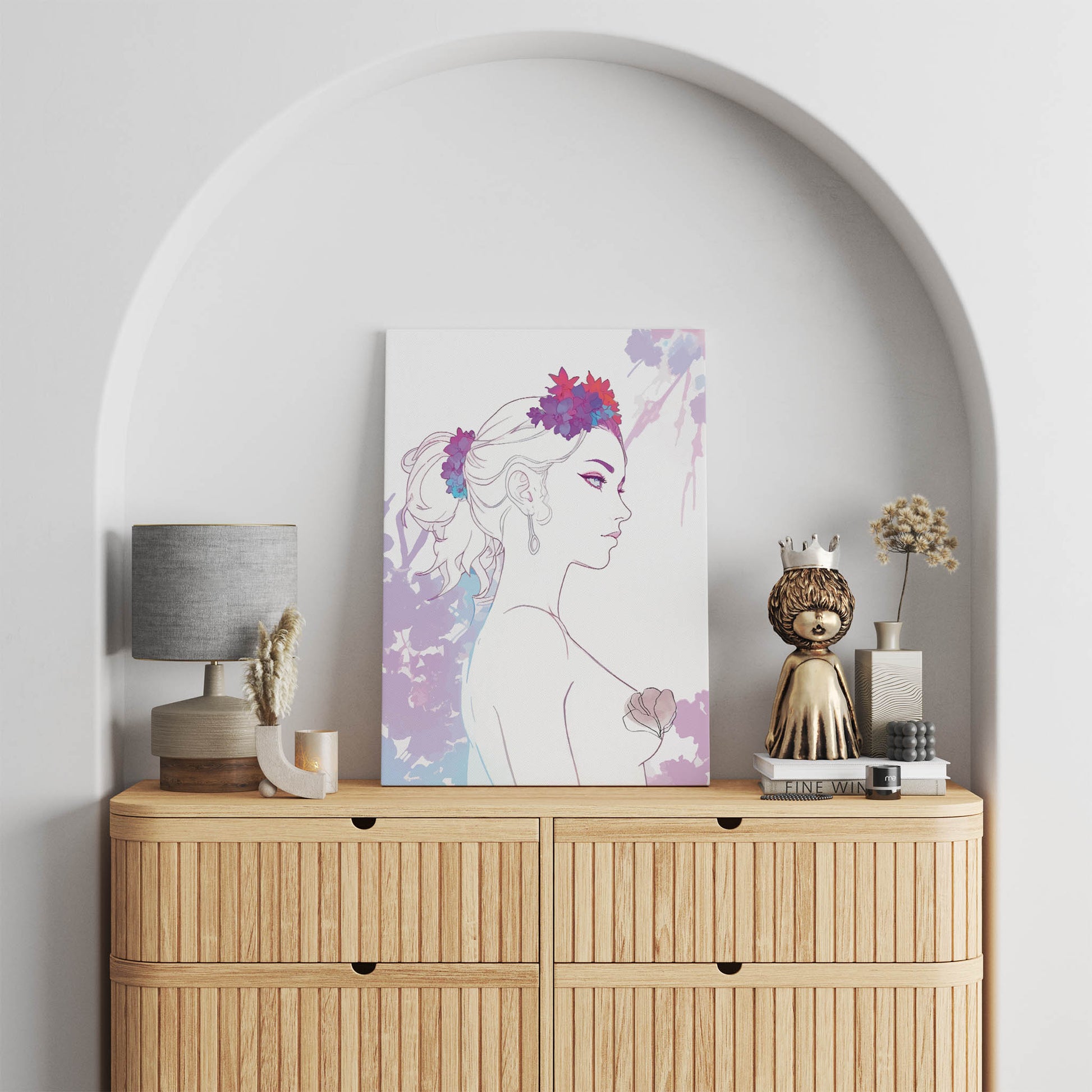 Minimalist feminine line art of a woman in profile adorned with vibrant floral crown and soft watercolor accents - elegant printable wall art ideal for boho, chic, or modern decor themes."