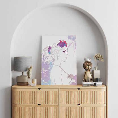 Minimalist feminine line art of a woman in profile adorned with vibrant floral crown and soft watercolor accents - elegant printable wall art ideal for boho, chic, or modern decor themes."