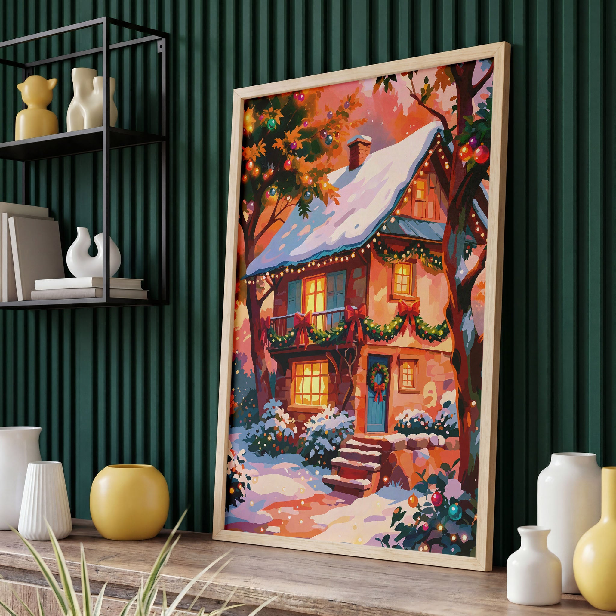 Dopamine-style holiday home print — a painterly Christmas cottage with teal window shutters and a teal front door, strung with multicolour fairy lights and red bow garlands, set among snow-dusted trees hung with glowing ornaments against a warm coral sky