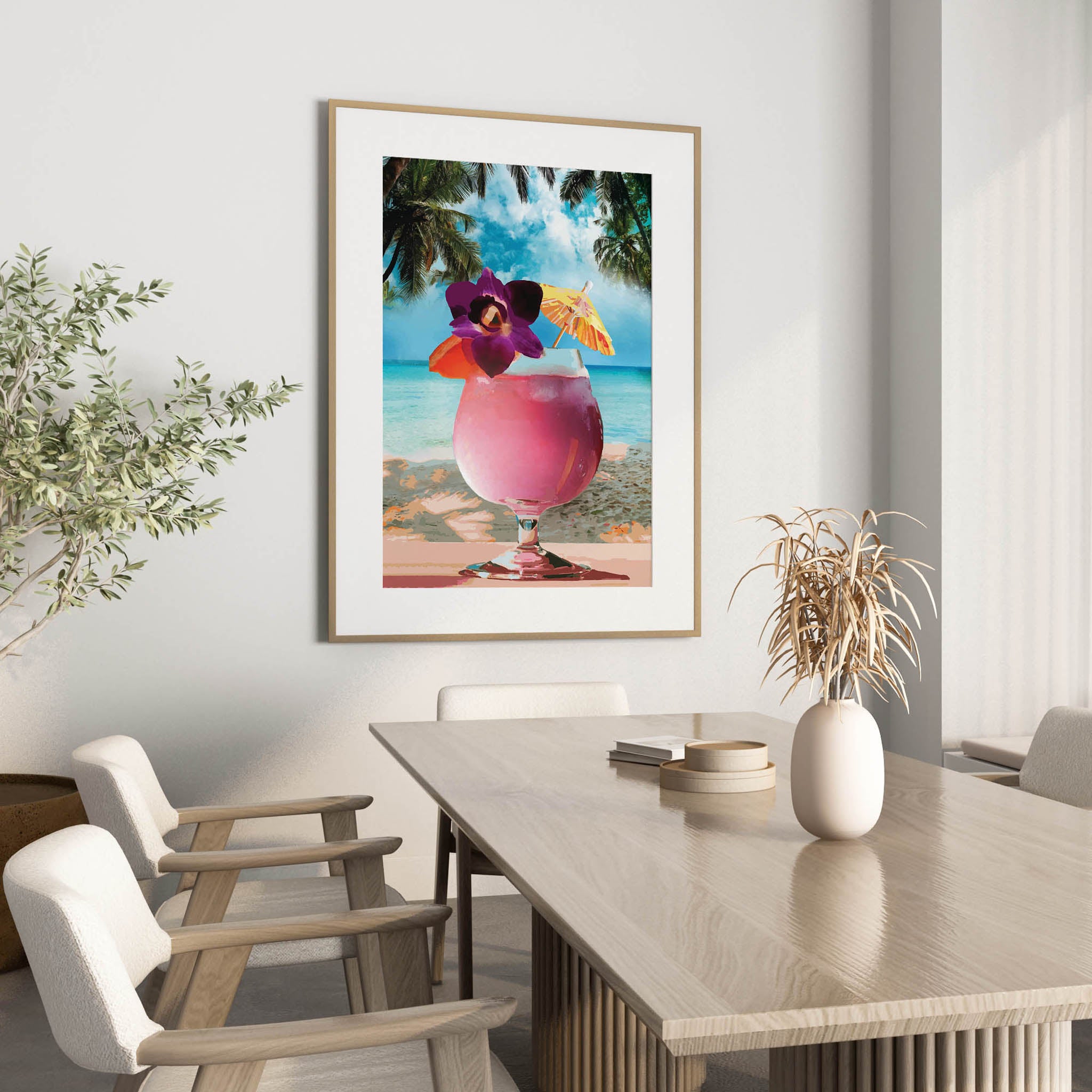 Tropical cocktail wall art print featuring a vibrant pink drink with a purple orchid, orange slice, and paper umbrella, set against a serene beach and palm tree backdrop, perfect for summer vibes and beach-themed decor
