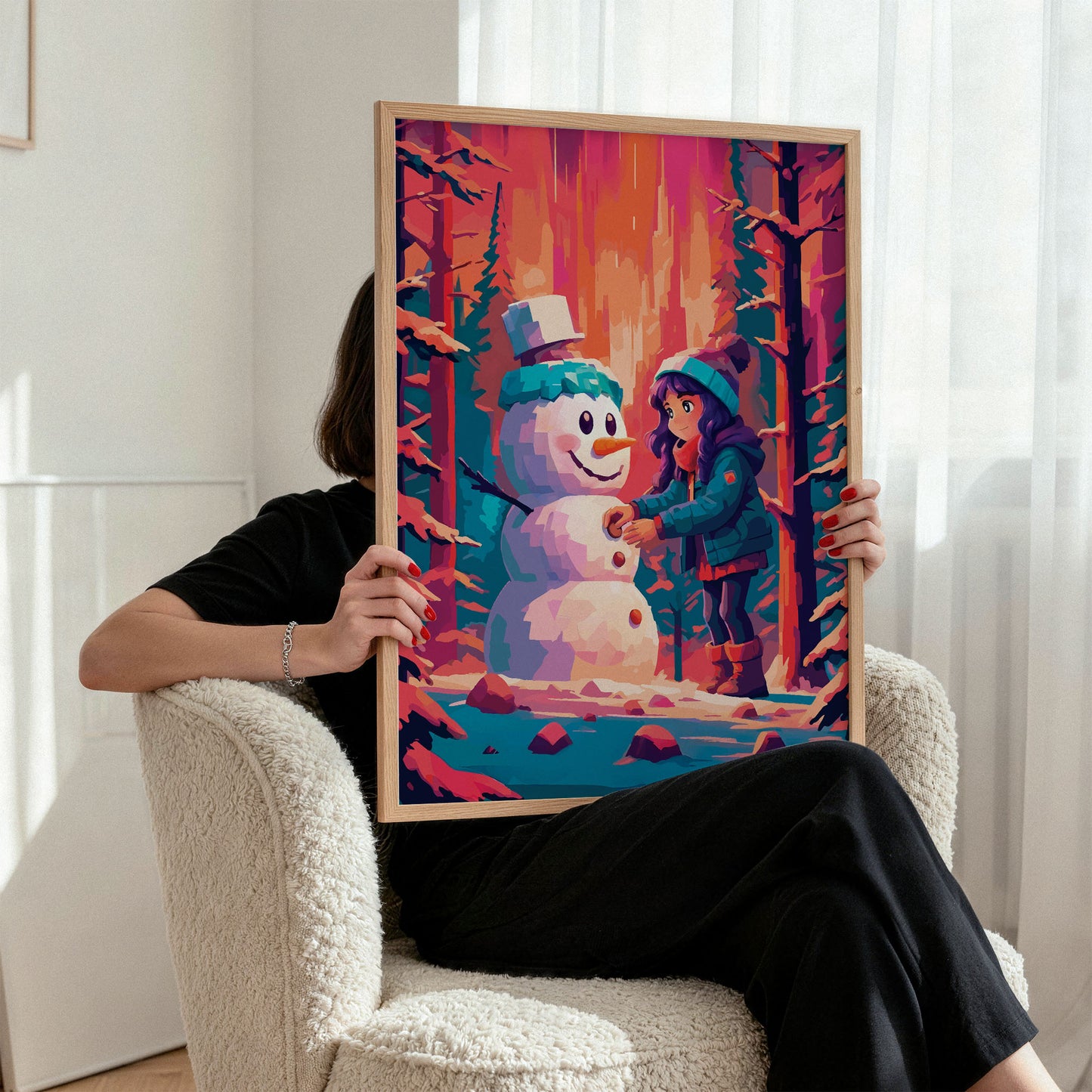 Dopamine-style Christmas scene print — a painterly illustrated girl with purple hair in a teal winter coat adding buttons to a smiling teal-tinted snowman in a vivid warm forest of orange, coral, and magenta snow-covered trees