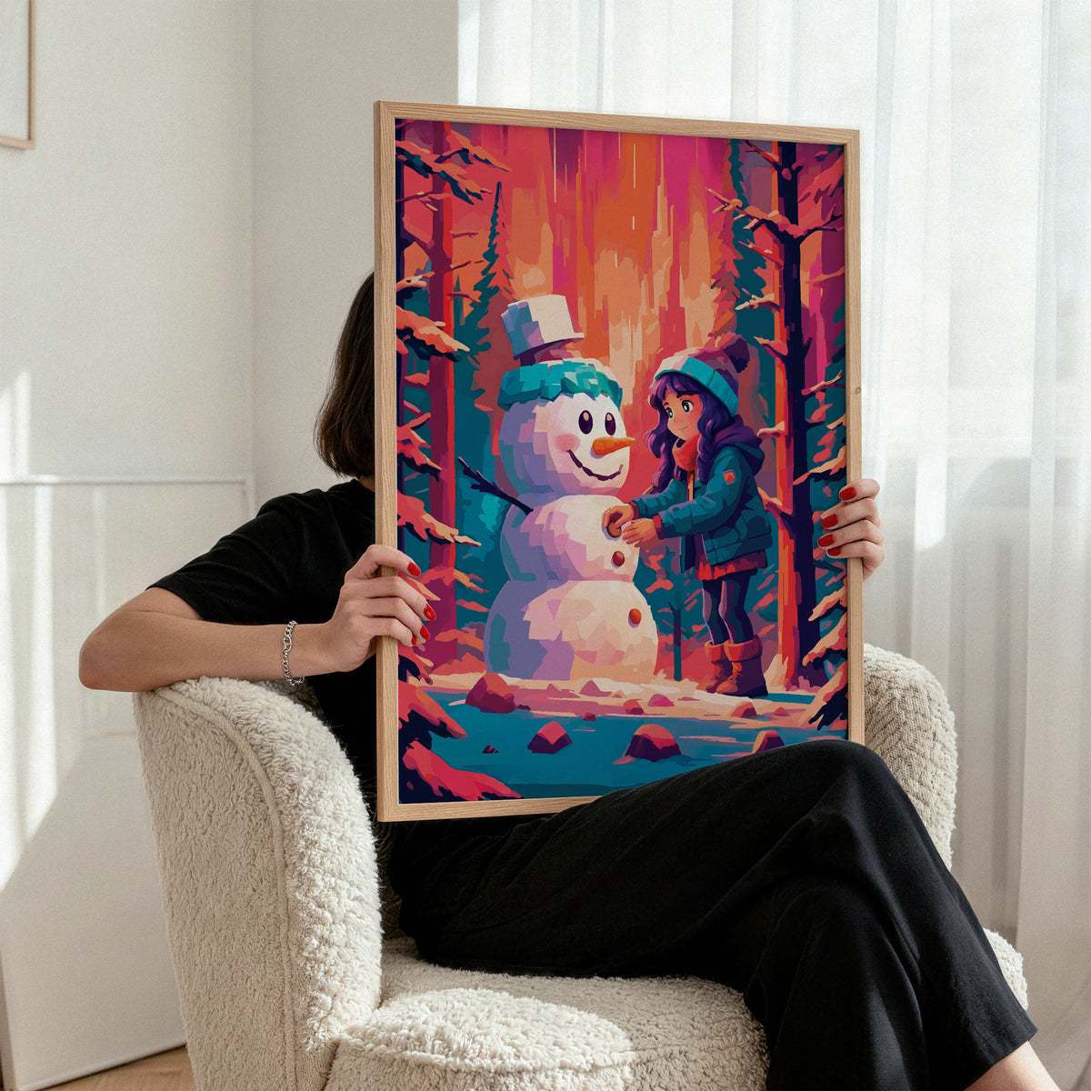 Dopamine-style Christmas scene print — a painterly illustrated girl with purple hair in a teal winter coat adding buttons to a smiling teal-tinted snowman in a vivid warm forest of orange, coral, and magenta snow-covered trees