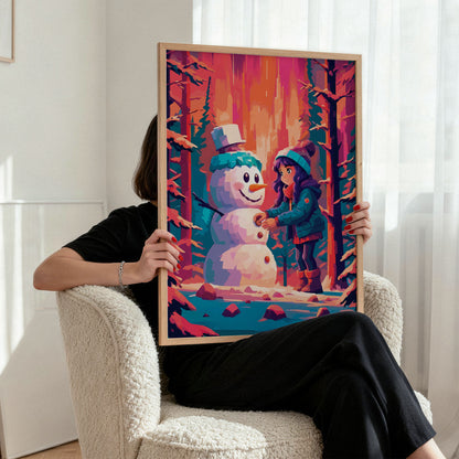 Dopamine-style Christmas scene print — a painterly illustrated girl with purple hair in a teal winter coat adding buttons to a smiling teal-tinted snowman in a vivid warm forest of orange, coral, and magenta snow-covered trees