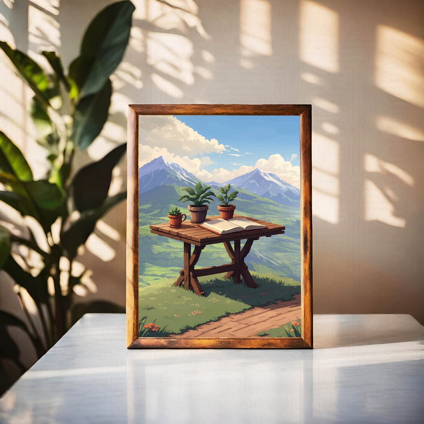 Scenic mountain view printable wall art featuring a rustic wooden table with potted plants and an open book, set against a breathtaking backdrop of lush green valleys and snow-capped peaks under a bright blue sky