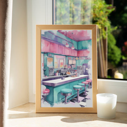 Retro American diner interior illustrated in soft pastel tones, featuring a teal counter, pink and turquoise bar stools, hanging pendant lights, and classic checkerboard flooring. The nostalgic 1950s-style diner scene creates a cozy, vintage atmosphere with a modern aesthetic twist. Digital Download. Printable Wall Art.