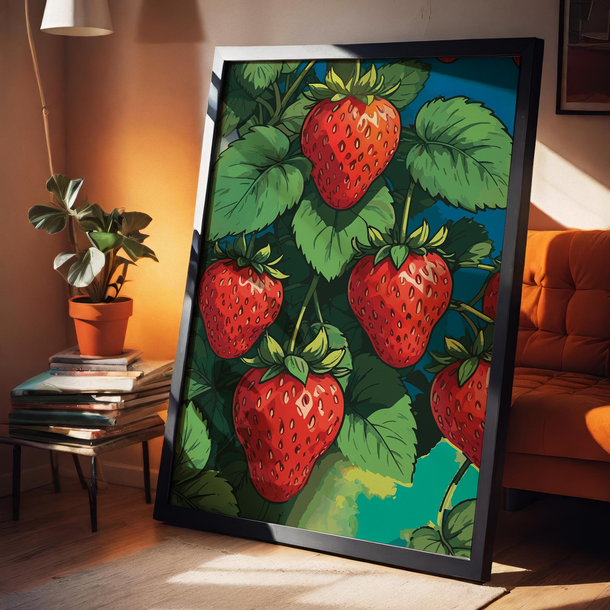 Printable wall art featuring vibrant red strawberries growing on lush green vines against a bold, colorful background, perfect for kitchen, farmhouse, or fruit-themed decor