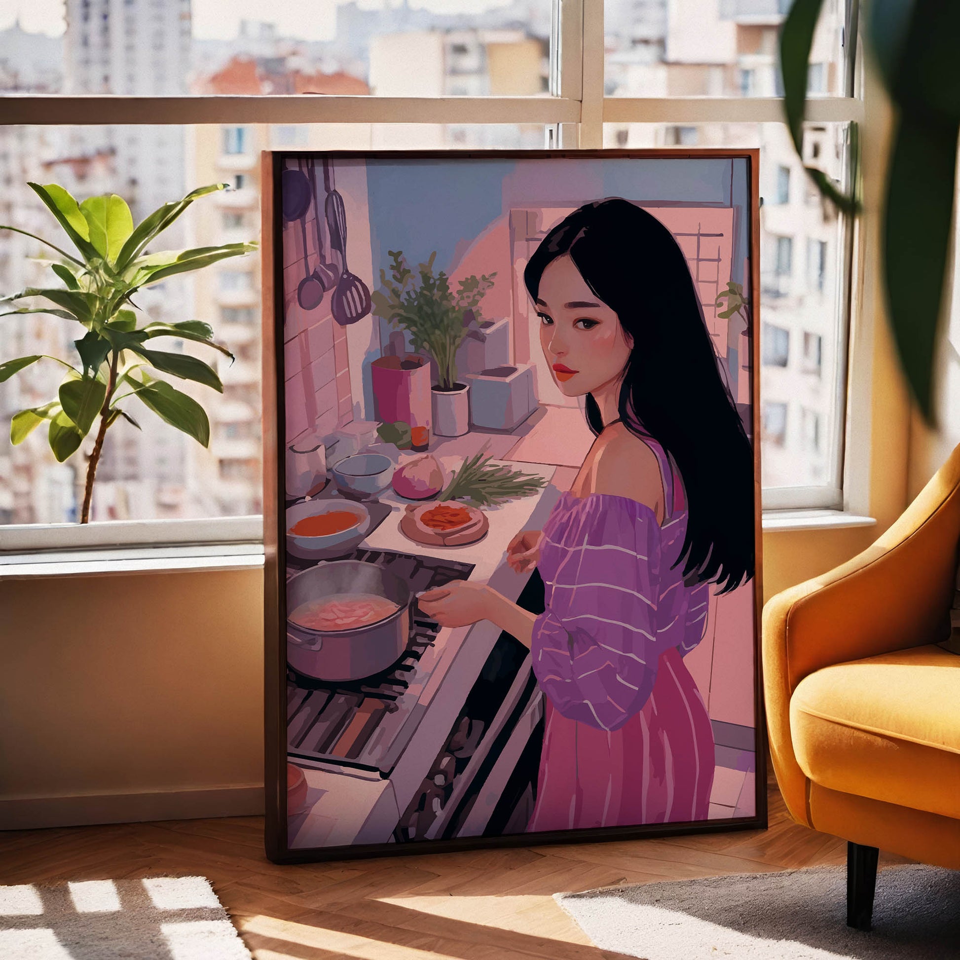 Stylish illustration of a woman cooking in a modern kitchen bathed in warm pink and purple tones. She wears an off-shoulder striped top and long skirt while stirring a pot on the stove, surrounded by herbs, vegetables, and kitchen utensils, creating a cozy and artistic home atmosphere.