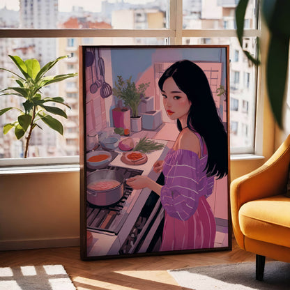 Stylish illustration of a woman cooking in a modern kitchen bathed in warm pink and purple tones. She wears an off-shoulder striped top and long skirt while stirring a pot on the stove, surrounded by herbs, vegetables, and kitchen utensils, creating a cozy and artistic home atmosphere.