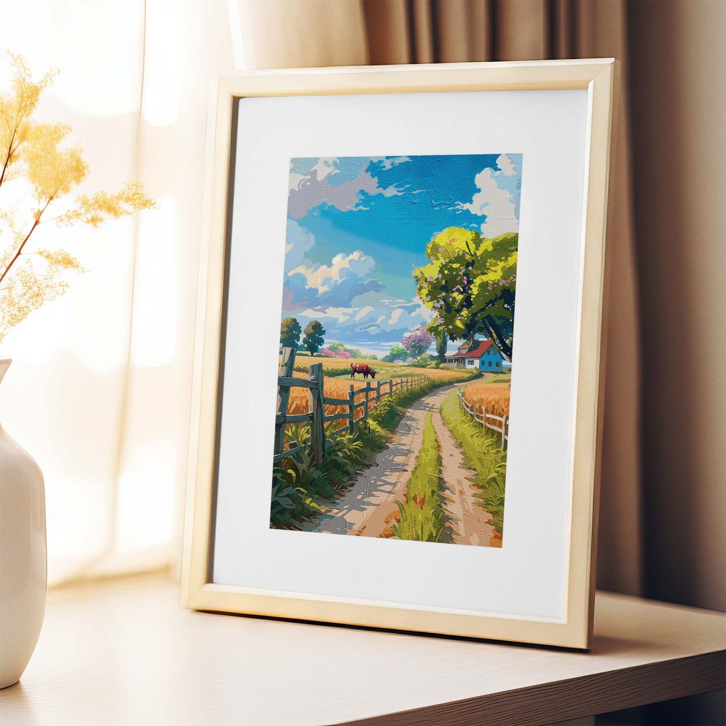 Charming pastoral landscape with a country road leading through wheat fields toward a cosy farmhouse and blooming trees