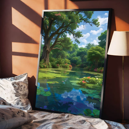 Tranquil landscape featuring a lush tropical pond surrounded by vibrant greenery, blooming water lilies, and tall trees with sprawling branches. The calm water reflects the blue sky and clouds, creating a serene and peaceful nature scene.
