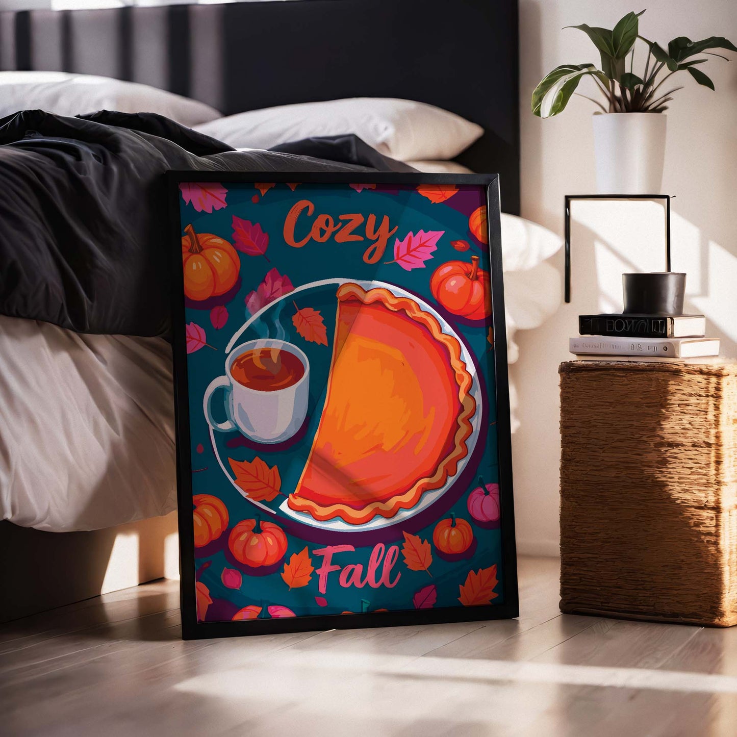 Maximalist autumn kitchen poster - overhead pumpkin pie illustration with a steaming mug, surrounded by fall foliage and mini pumpkins in orange, hot pink, and deep teal