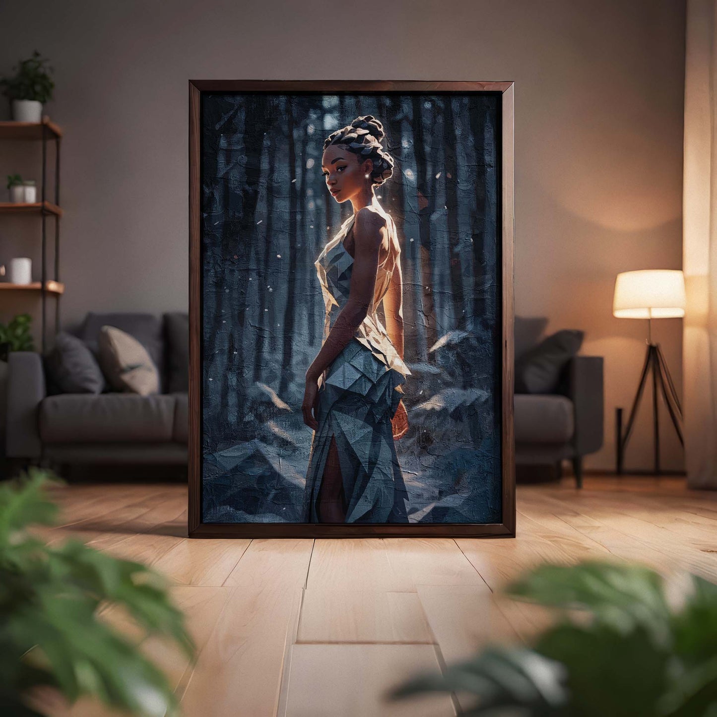 Elegant feminine illustration featuring a woman in a flowing dress surrounded by shadowy woodland and floating petals
