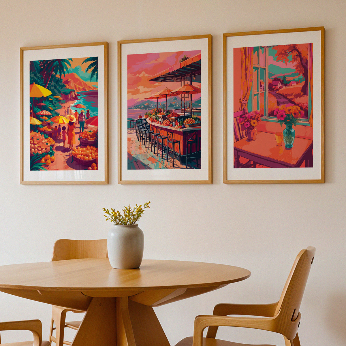 Wanderlust lifestyle art bundle — three white-framed dopamine-style prints on a natural oak ledge showing a Caribbean beach market with yellow umbrellas, a Mediterranean rooftop bar at sunset, and a cozy European window view with a teal flower vase
