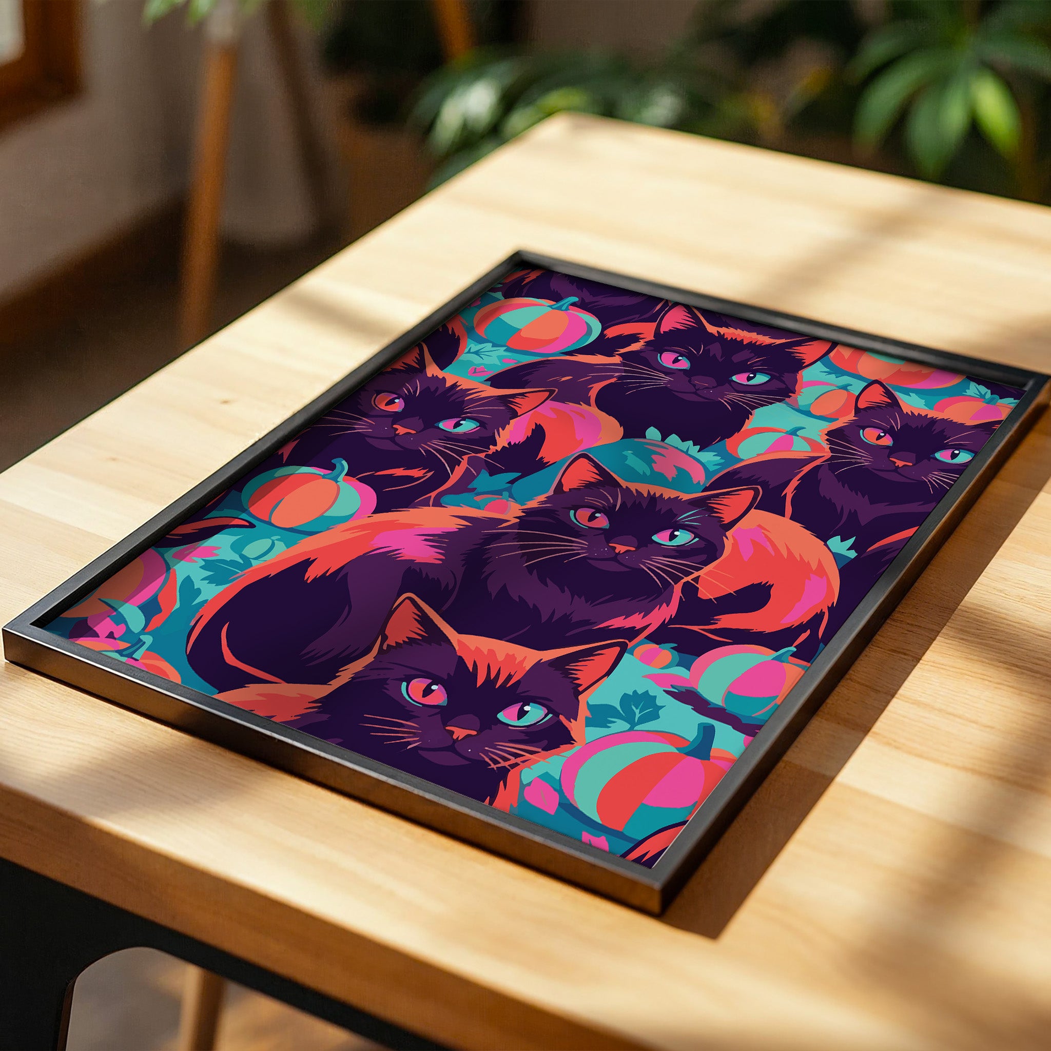Maximalist black cat and pumpkin print - multiple illustrated cats with glowing pink and teal eyes packed into a vibrant Halloween pattern with colour-blocked pumpkins in orange, teal, and hot pink on dark purple