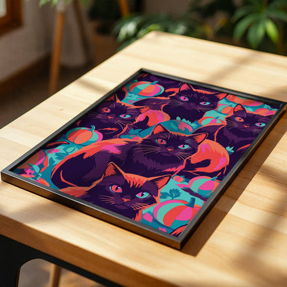 Maximalist black cat and pumpkin print - multiple illustrated cats with glowing pink and teal eyes packed into a vibrant Halloween pattern with colour-blocked pumpkins in orange, teal, and hot pink on dark purple