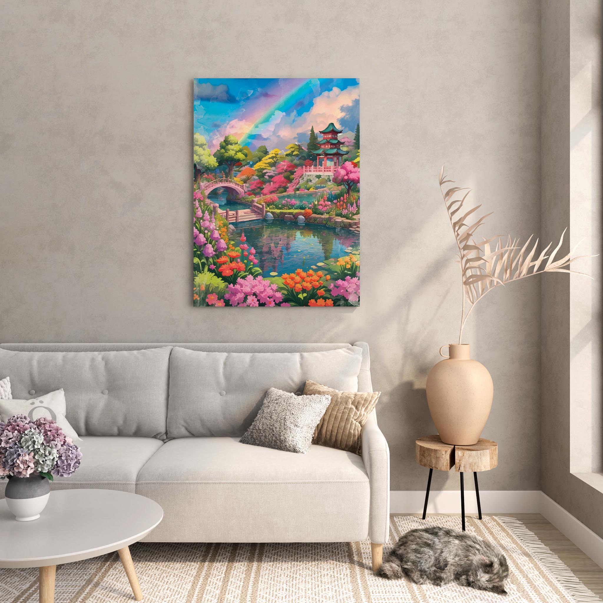Vibrant printable wall art of a serene Japanese garden featuring a colorful rainbow, traditional pagoda, arched wooden bridges, and lush blooming flowers around a peaceful koi pond, perfect for zen, nature-inspired, or Asian-themed home decor.