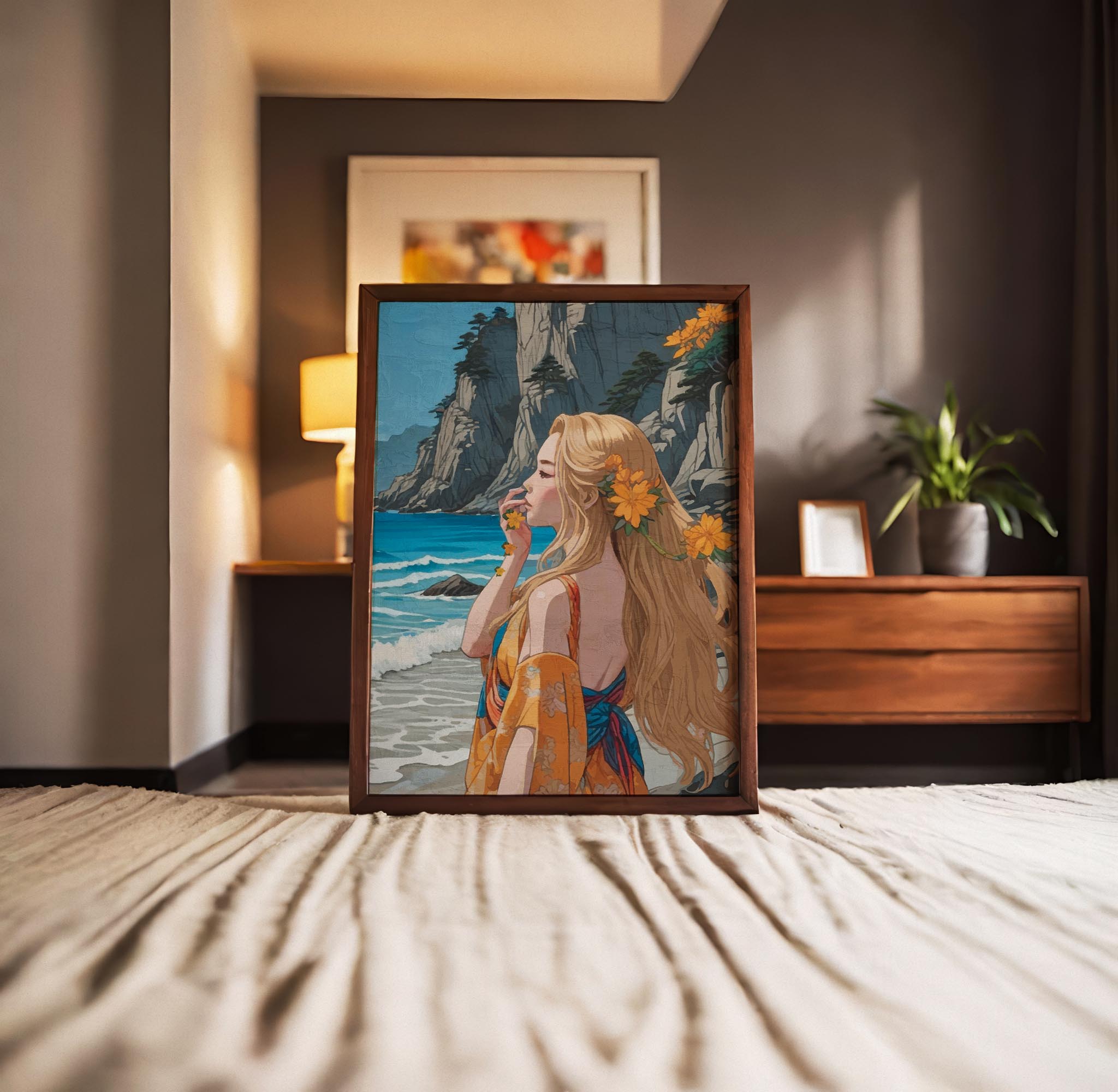 Elegant digital painting of a blonde woman in a floral robe standing by the ocean, surrounded by cliffs and yellow flowers, coastal boho wall art print
