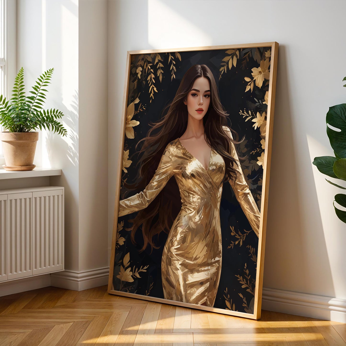 Elegant digital wall art of a woman in a shimmering gold dress surrounded by golden flowers and leaves on a dark background