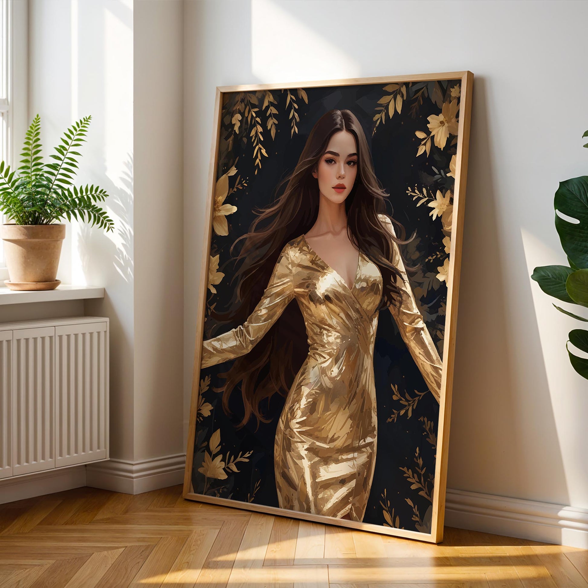 Elegant digital wall art of a woman in a shimmering gold dress surrounded by golden flowers and leaves on a dark background