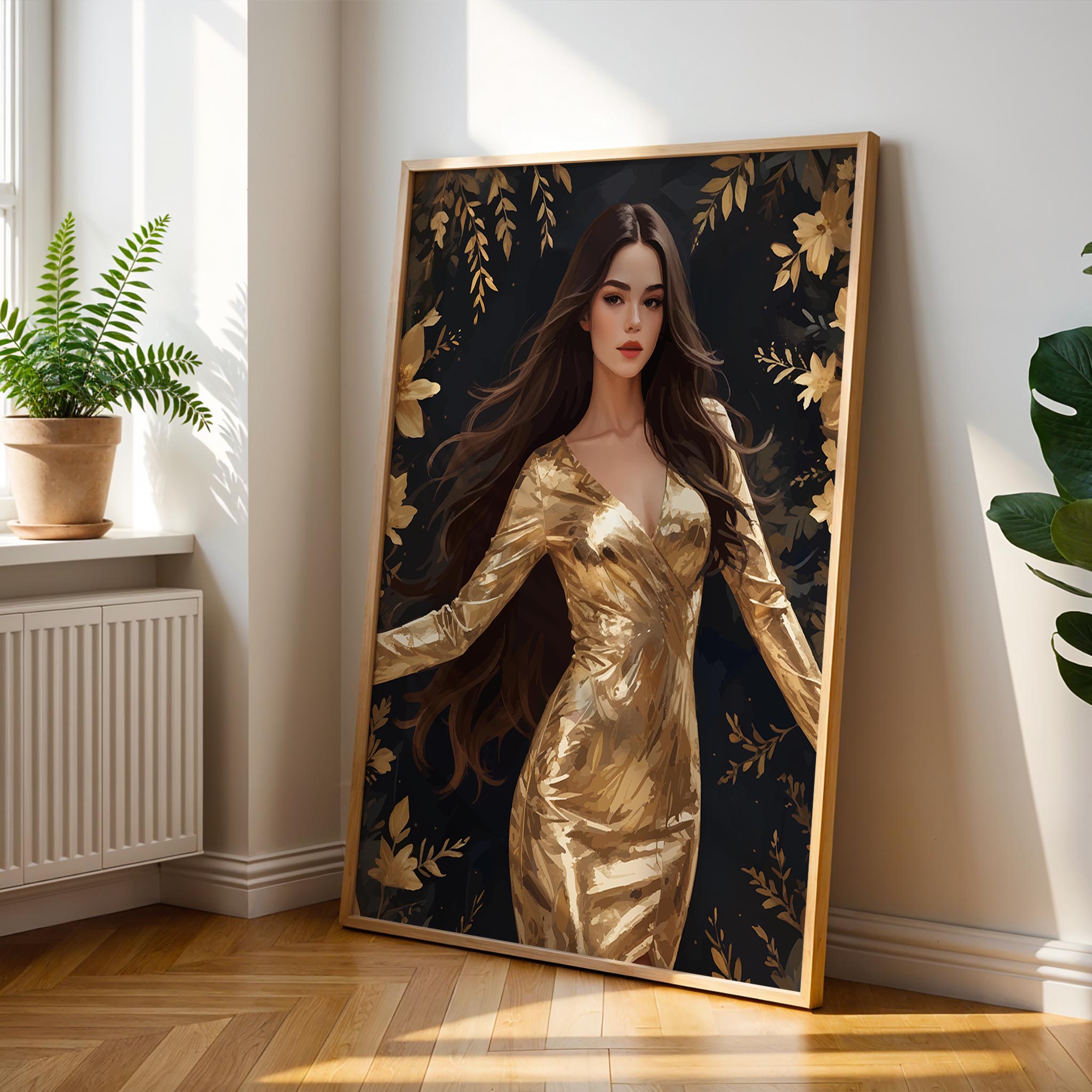 Elegant digital wall art of a woman in a shimmering gold dress surrounded by golden flowers and leaves on a dark background