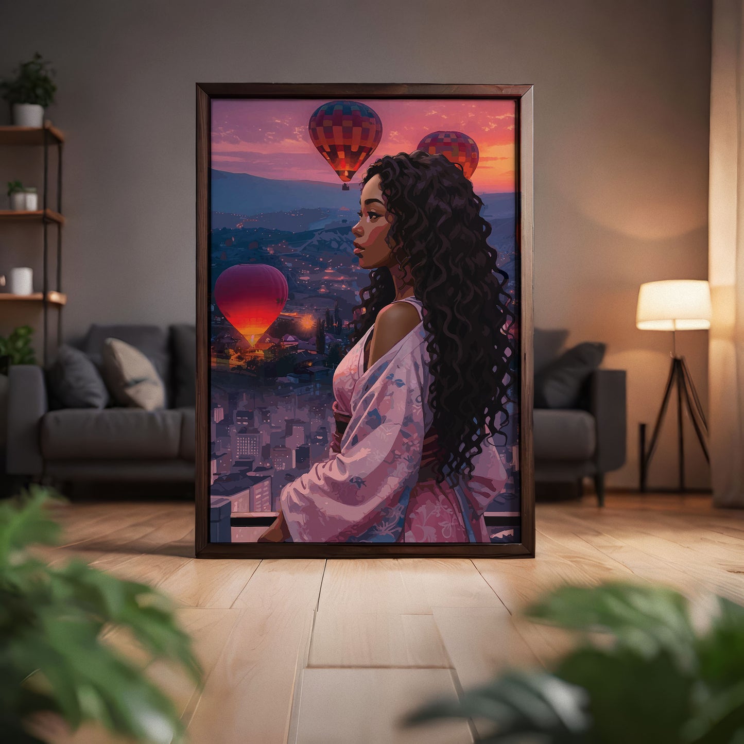 Travel inspired wall art with hot air balloons at golden hour, aesthetic cityscape printable digital download