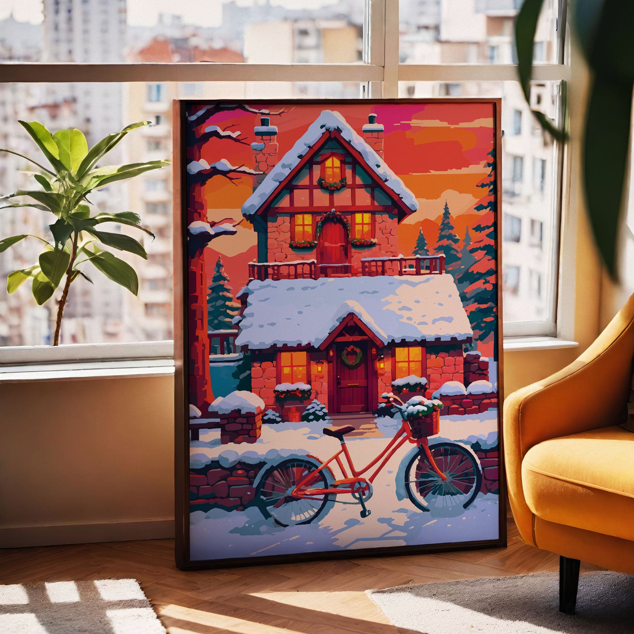 Dopamine-style winter cottage print — a painterly two-storey stone farmhouse dusted in snow with glowing orange windows, holly wreaths, a red vintage bicycle parked outside, and teal evergreen trees against a dramatic coral and orange winter sky