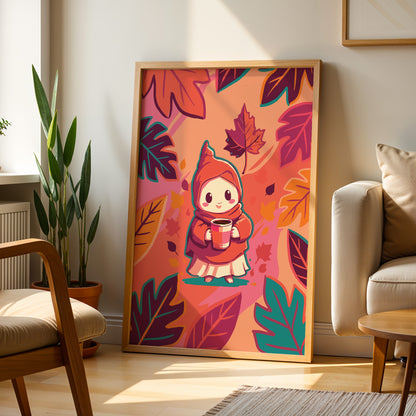 Illustrated autumn wall art featuring an adorable kawaii gnome in a rust red hooded cloak holding a coffee cup, surrounded by oversized fall leaves in orange, burgundy, and teal on a warm peach background