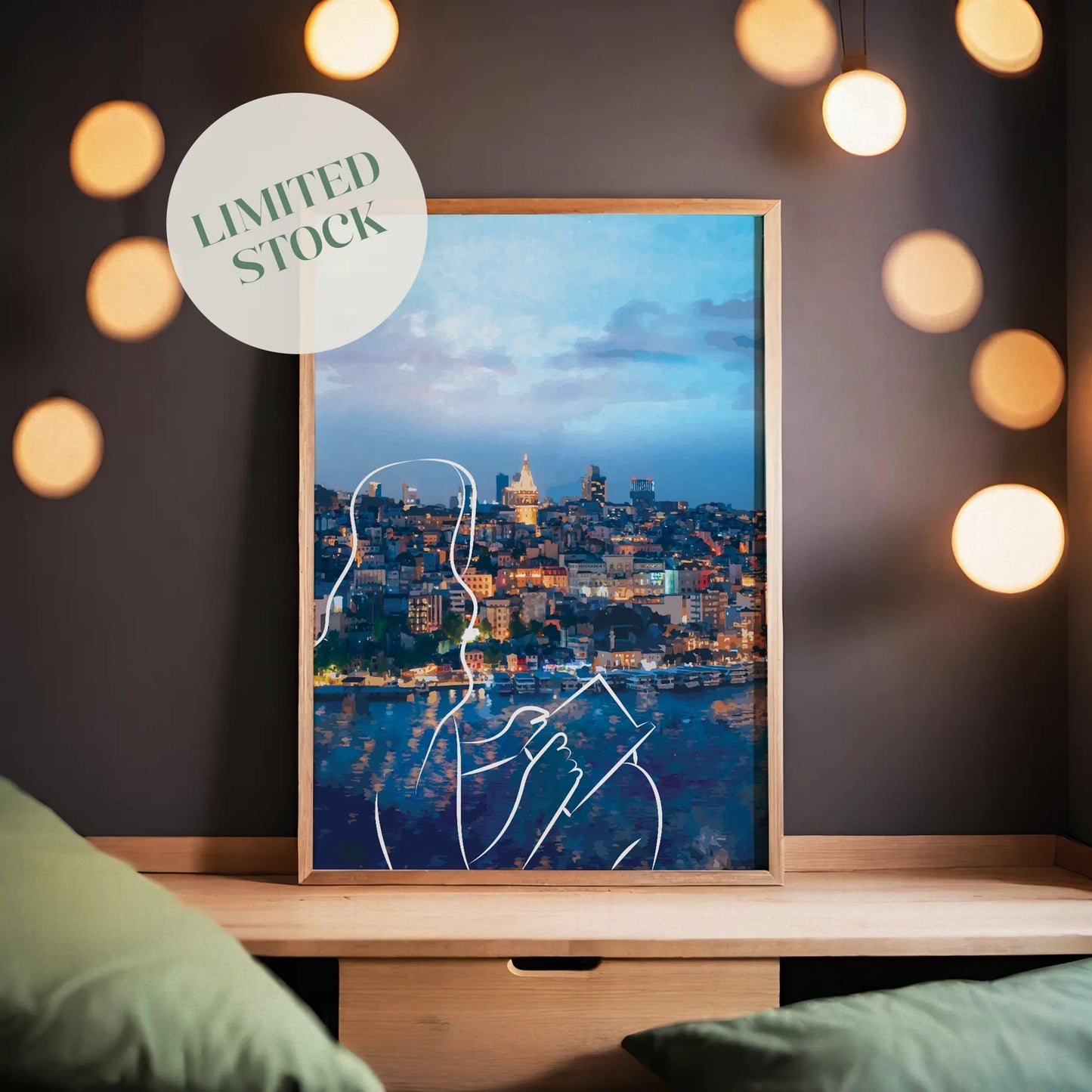 Scenic printable wall art featuring a glowing cityscape at dusk with an abstract white line drawing of a woman holding a book overlaying the waterfront view, a perfect blend of wanderlust, calm, and urban charm.