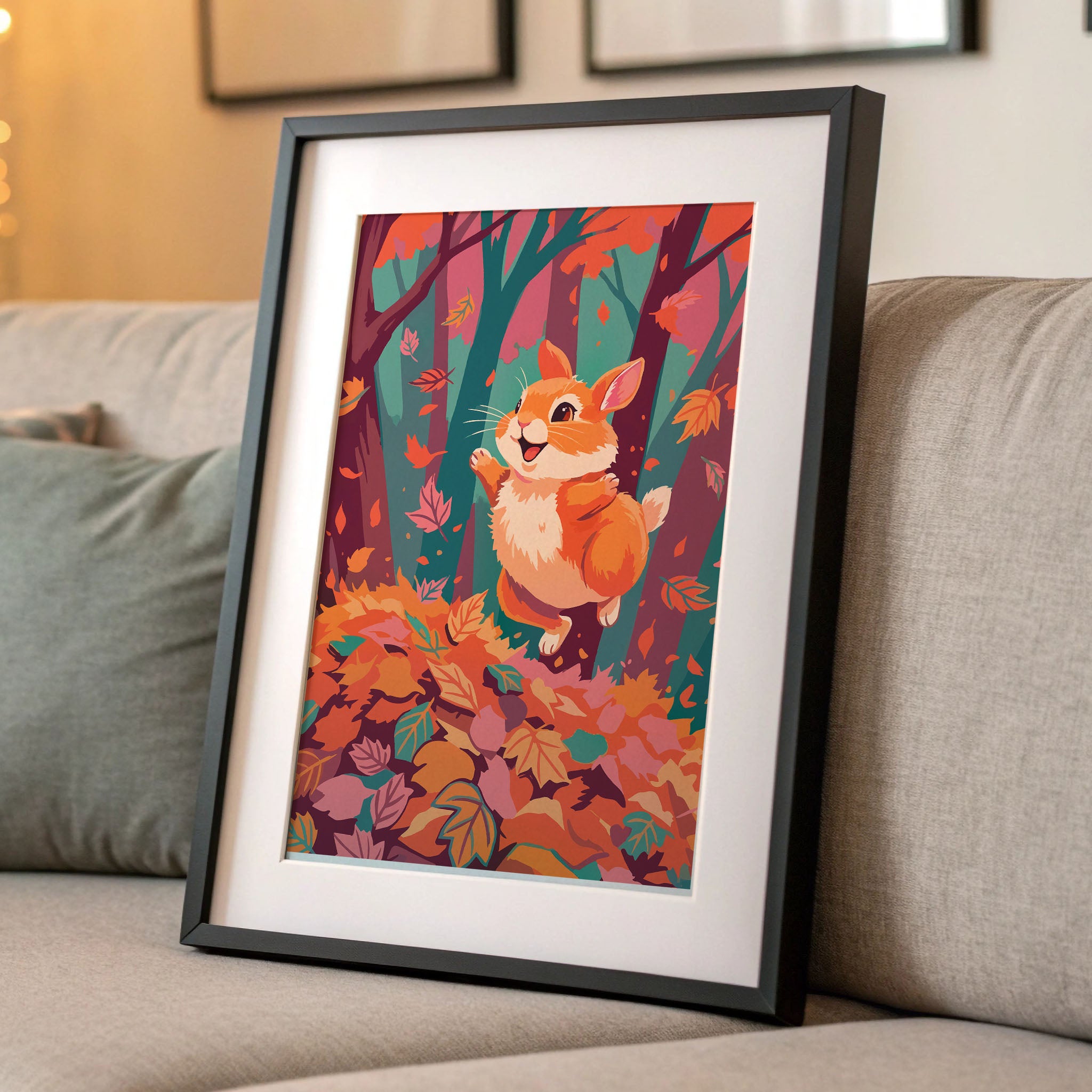 Bold painterly nursery wall art - a happy cartoon rabbit jumping in a colourful autumn leaf pile, surrounded by falling leaves in orange, pink, and teal forest tones