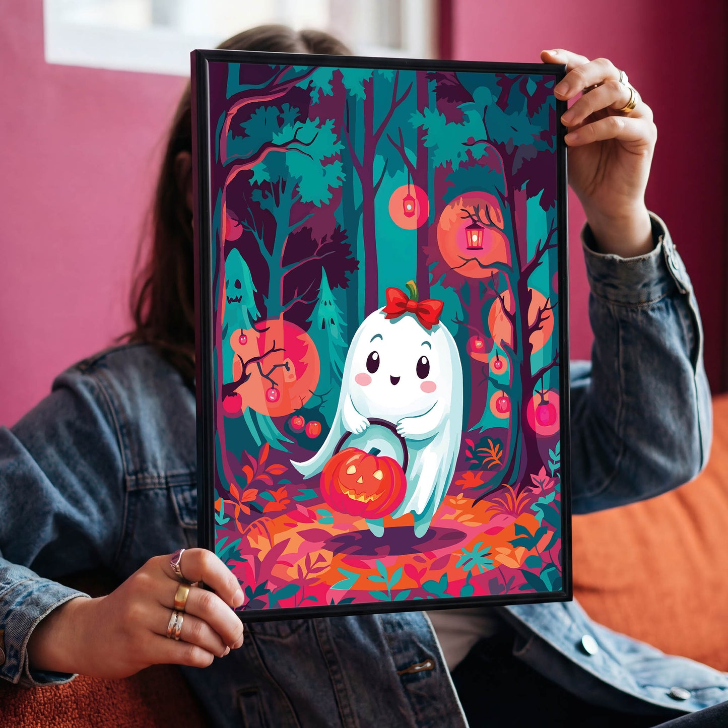 Whimsical Halloween nursery wall art featuring a smiling chibi ghost with rosy cheeks and a red bow, holding a carved jack-o-lantern basket in a glowing teal forest with red berry trees and warm orange forest floor