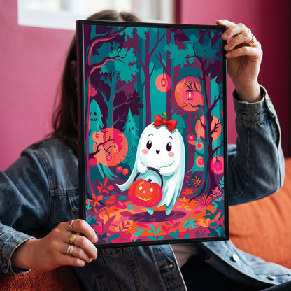 Whimsical Halloween nursery wall art featuring a smiling chibi ghost with rosy cheeks and a red bow, holding a carved jack-o-lantern basket in a glowing teal forest with red berry trees and warm orange forest floor