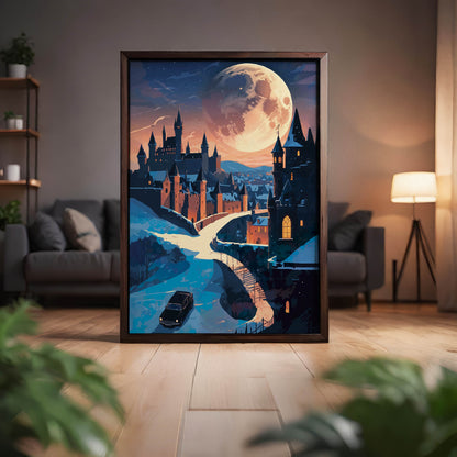 Magical night scene featuring a grand castle illuminated under a massive glowing full moon. A winding road and bridge lead to the castle gates as a car approaches through the snowy landscape, creating a mysterious and enchanting fantasy atmosphere.