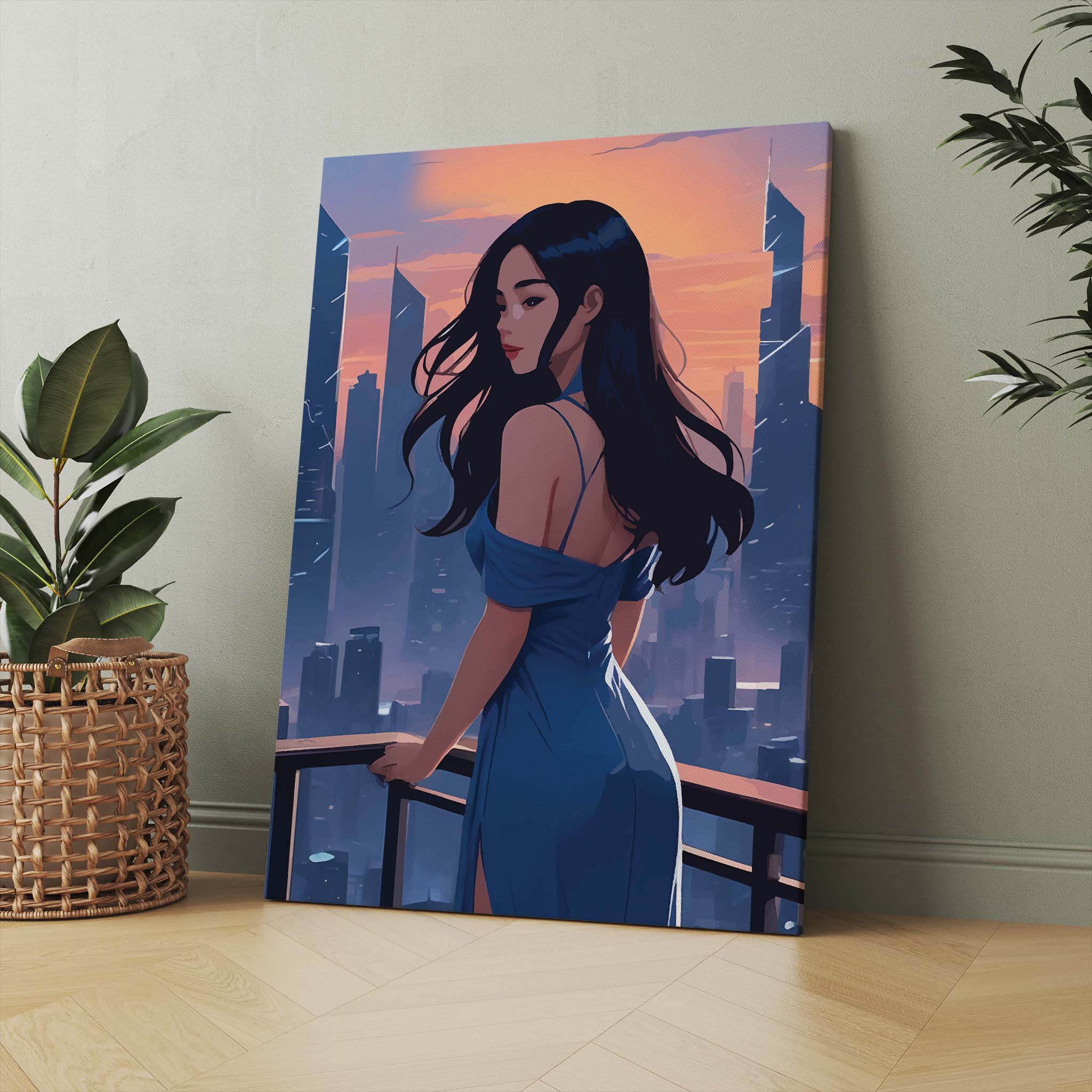 Chic digital artwork of a woman in a flowing blue dress standing on a balcony, overlooking a modern city skyline at sunset, stylish and moody printable wall art
