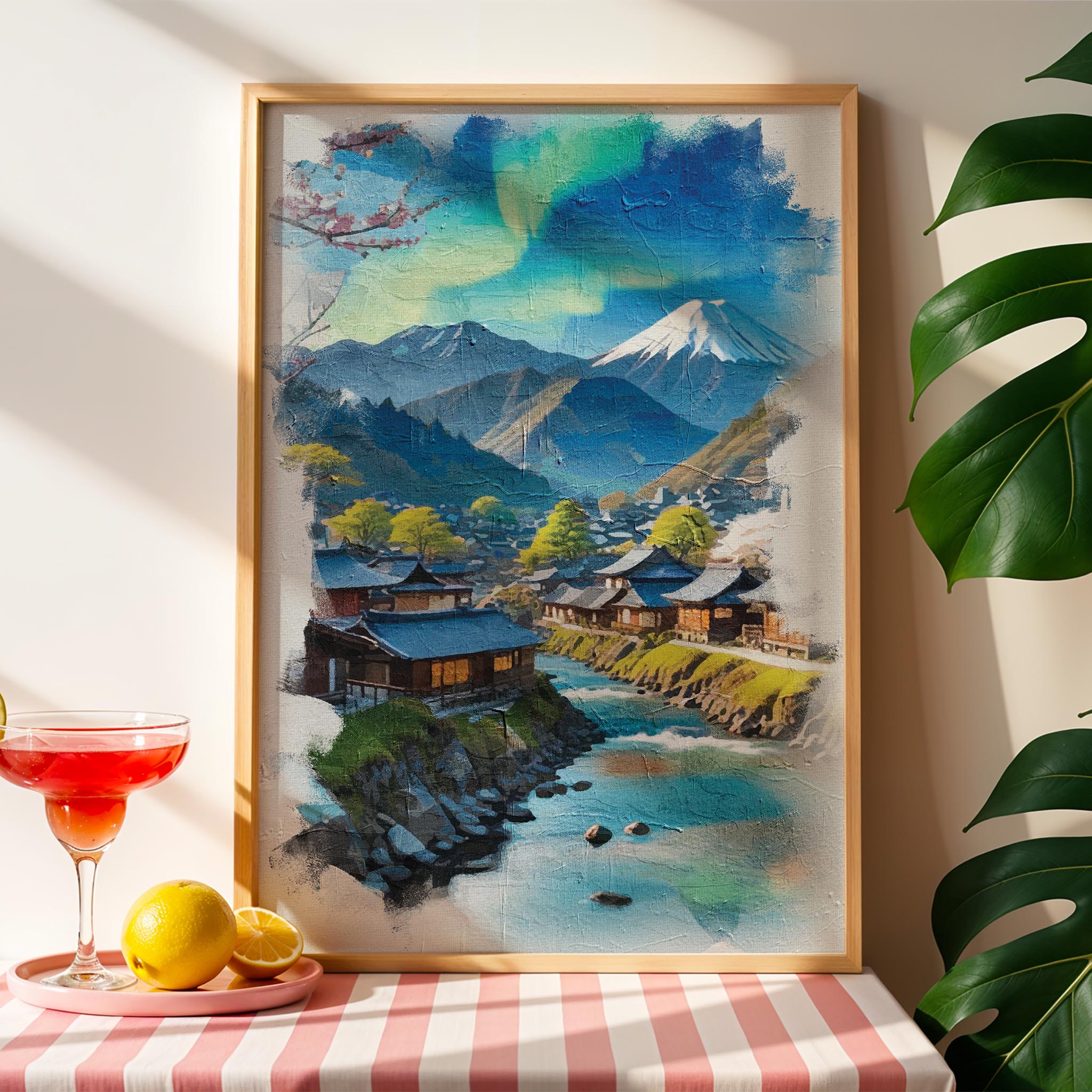 Scenic illustration of a mountain village in Japan with temples, riverbanks and colourful evening sky