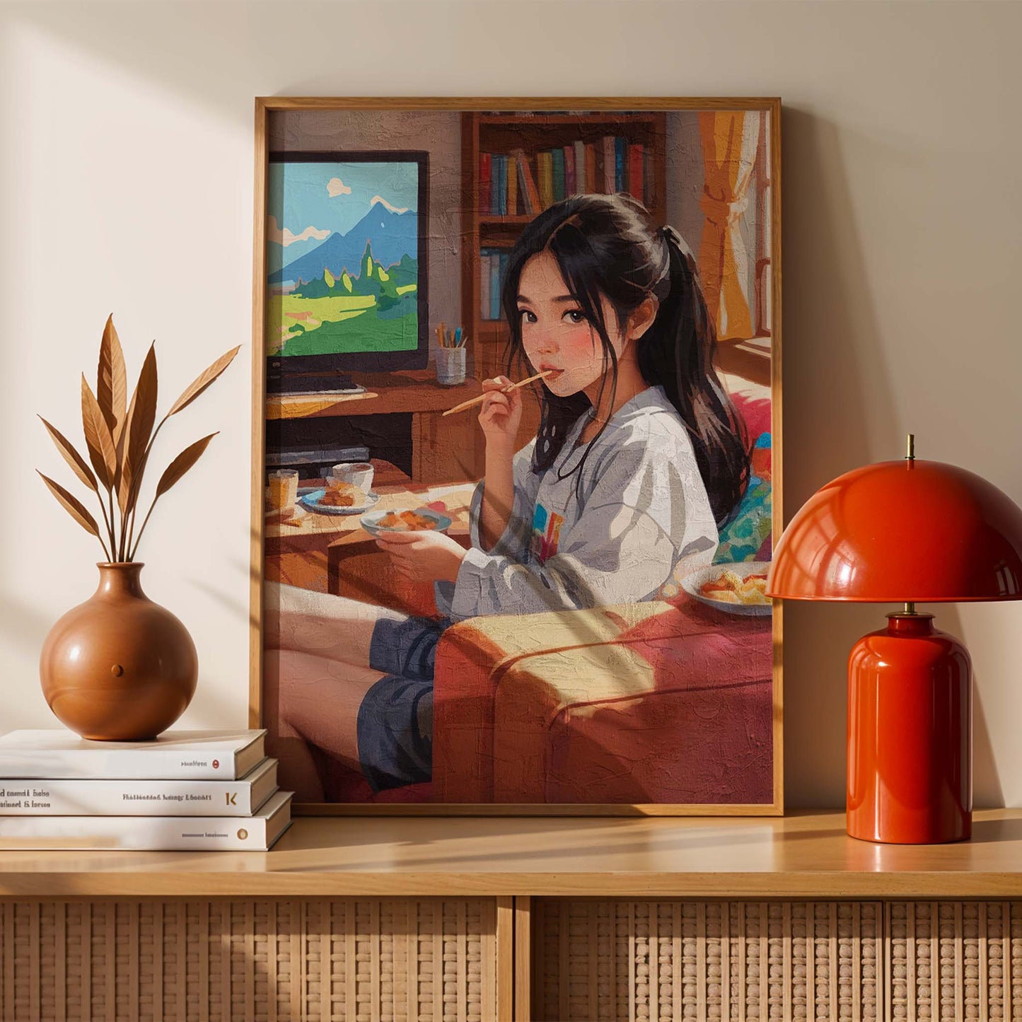 Cute anime illustration of girl lounging with snacks in warm sunlight room, aesthetic printable wall decor