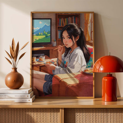 Cute anime illustration of girl lounging with snacks in warm sunlight room, aesthetic printable wall decor