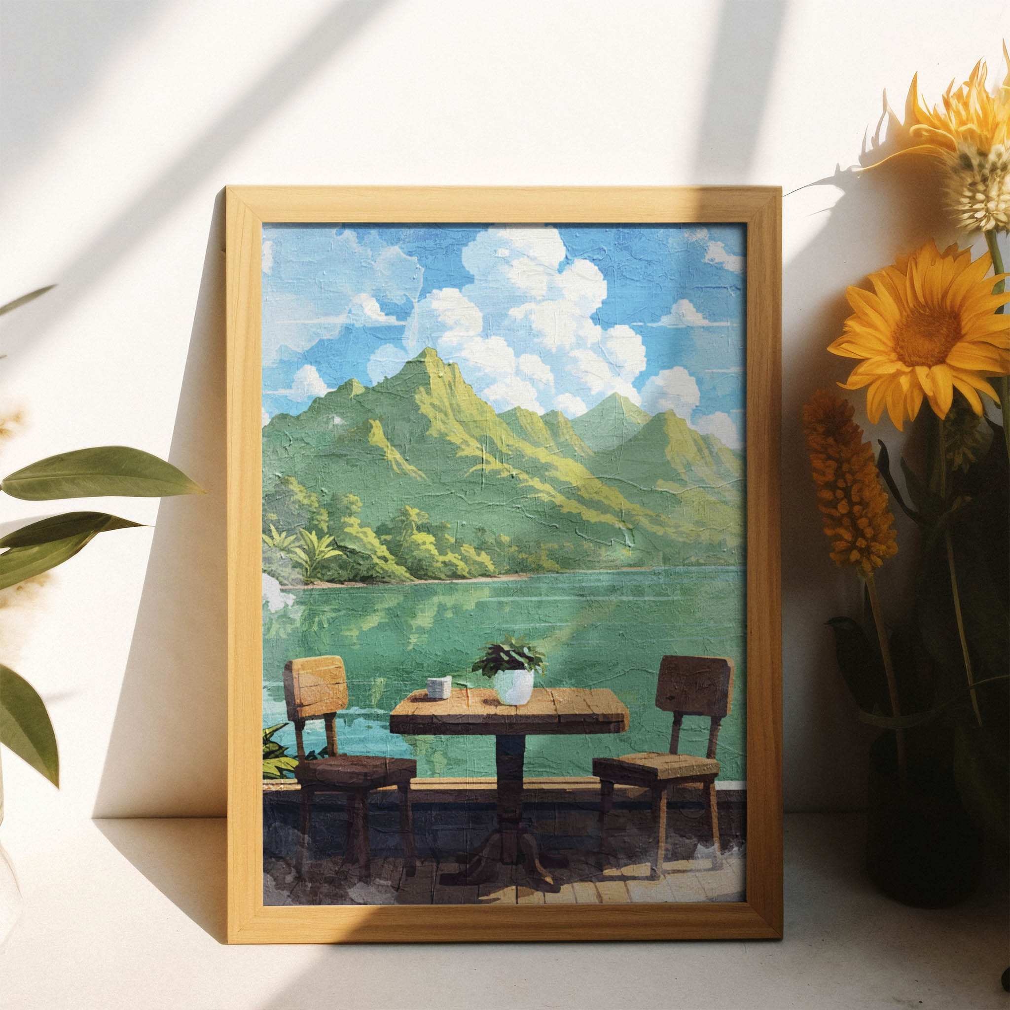 Tropical lakefront printable wall art featuring a rustic wooden table with two chairs overlooking calm turquoise water and lush green mountains under a bright blue sky with fluffy clouds - perfect for vacation-inspired, outdoor dining, or serene nature-themed decor