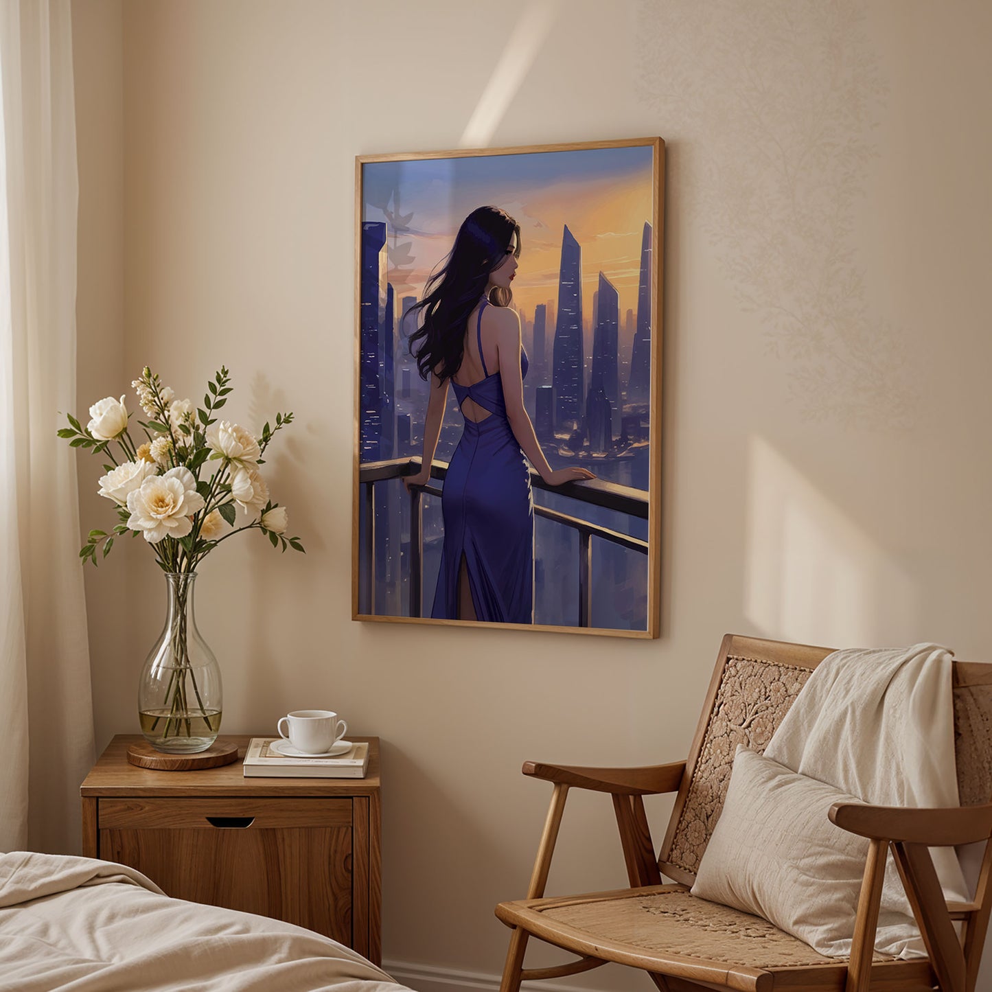Sophisticated woman on balcony facing sunset city skyline, modern feminine printable wall art, luxury apartment aesthetic digital download decor