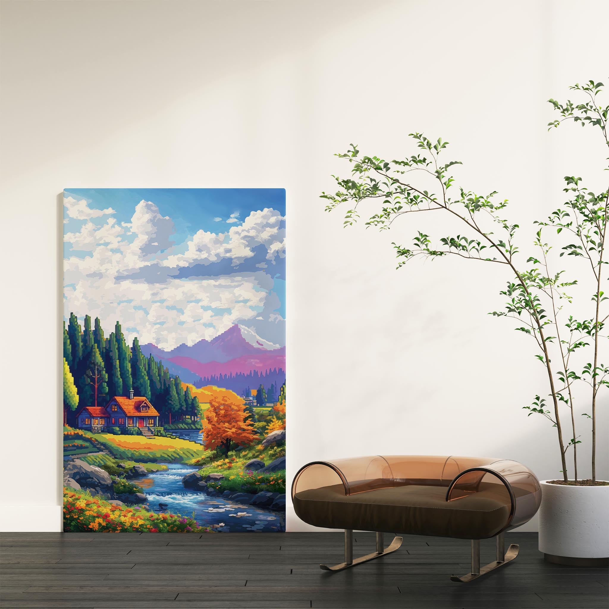 Cozy cabin-themed printable wall art featuring a charming wooden house by a flowing stream, surrounded by tall pine trees, autumn foliage, and distant purple mountains under a vibrant sky, perfect for rustic, nature-inspired, or fall season home decor