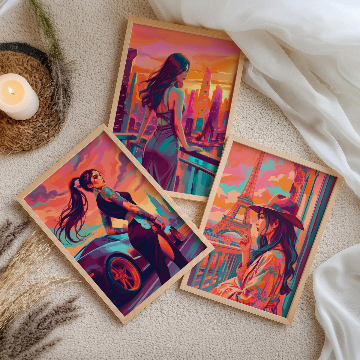 Bold women's portrait art bundle — three white-framed dopamine-style prints on a natural oak ledge featuring three confident illustrated women in urban and travel settings with a shared sunset palette of orange, coral, teal, and deep plum