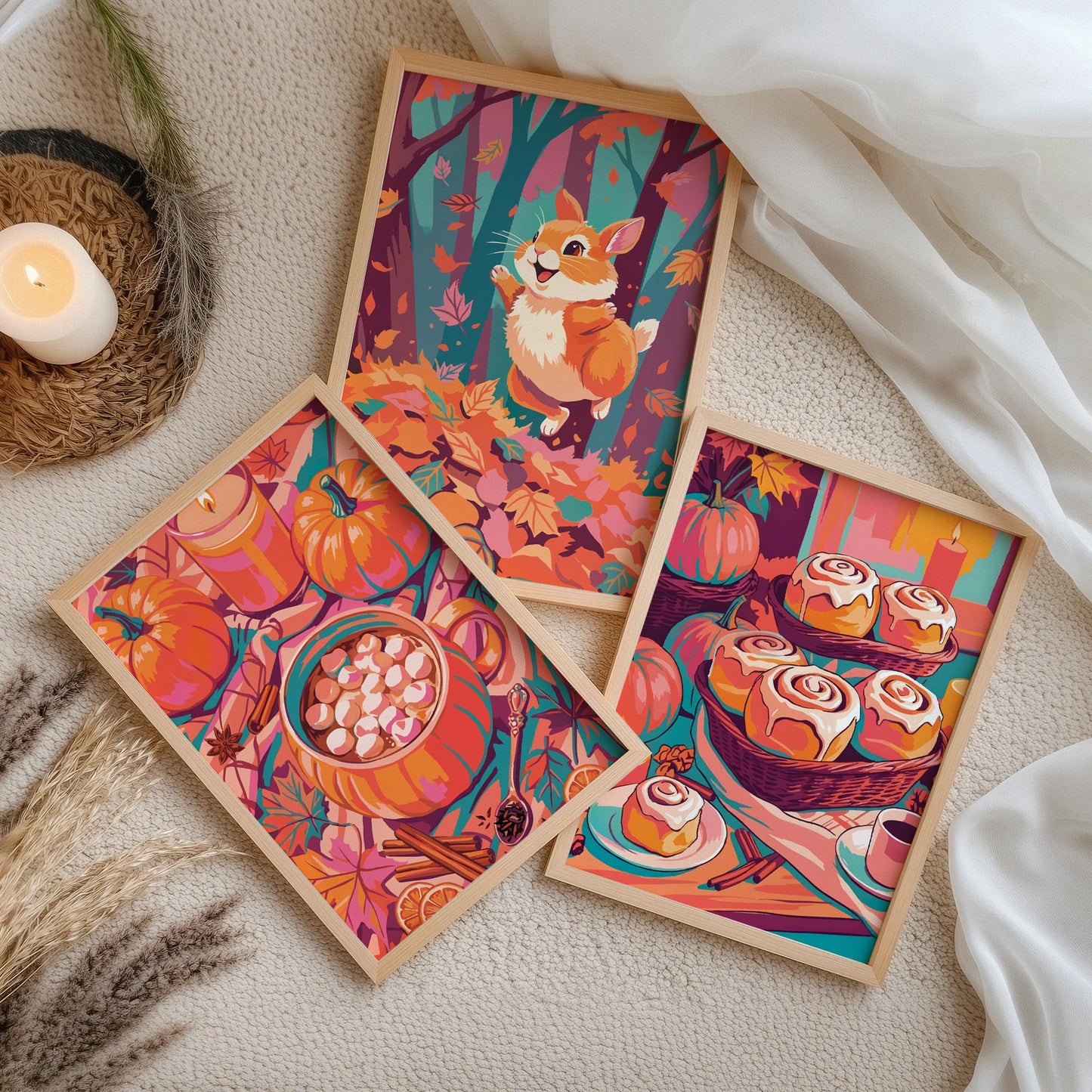 Three SweetPixelCreations fall wall art prints propped on a warm wood ledge against a sage green wainscot wall - bold illustrated autumn scenes in a cohesive warm-toned dopamine palette with teal accents