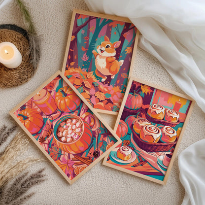 Three SweetPixelCreations fall wall art prints propped on a warm wood ledge against a sage green wainscot wall - bold illustrated autumn scenes in a cohesive warm-toned dopamine palette with teal accents