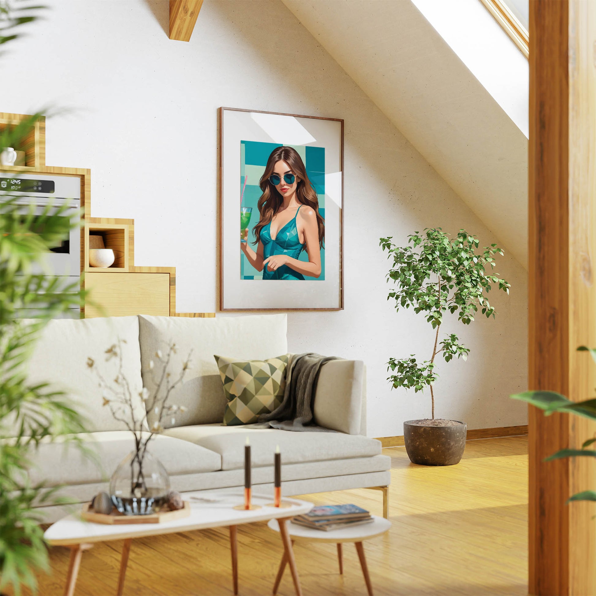 Chic summer-themed printable wall art featuring a stylish woman in teal sunglasses and dress, holding a vibrant green cocktail, set against a bold geometric teal and aqua background - perfect for beach or poolside decor